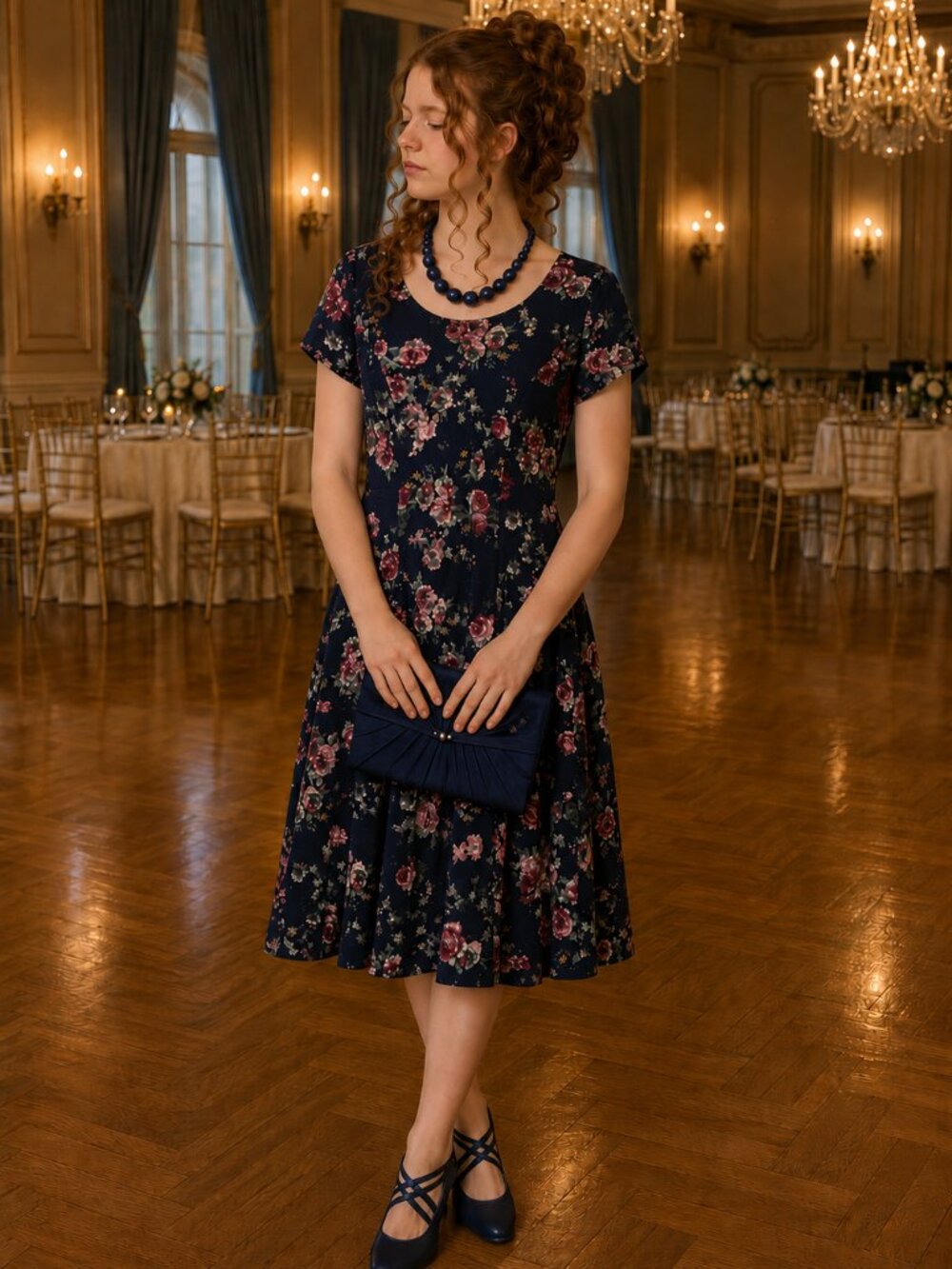 North Style Navy Floral Lace Dress EUC